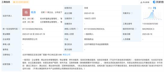 北京寰聚商业管理有限公司工商信息/图源:天眼查